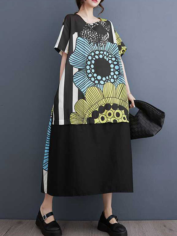 Flower Print Pockets Split-Joint A-Line Loose Round-Neck Midi Dresses