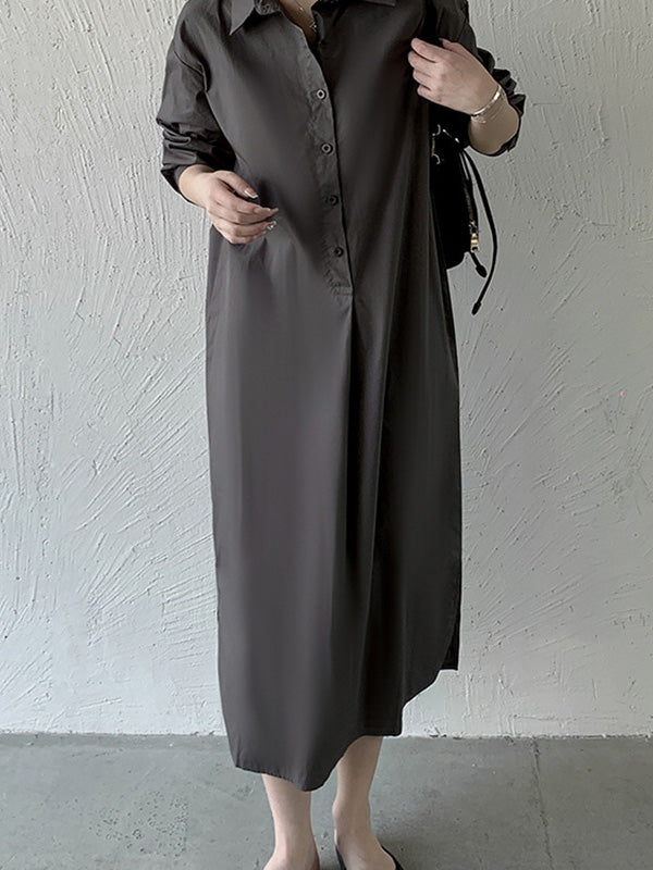 Urban Loose Solid Color Lapel Collar Shirt Midi Dresses