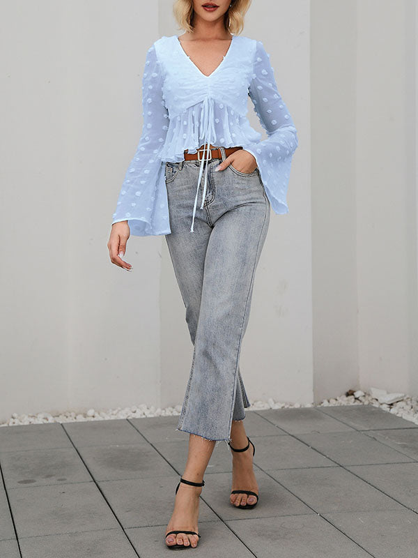 Flared Sleeves Contrast Color Drawstring Falbala Jacquard V-Neck Blouses&Shirts Tops