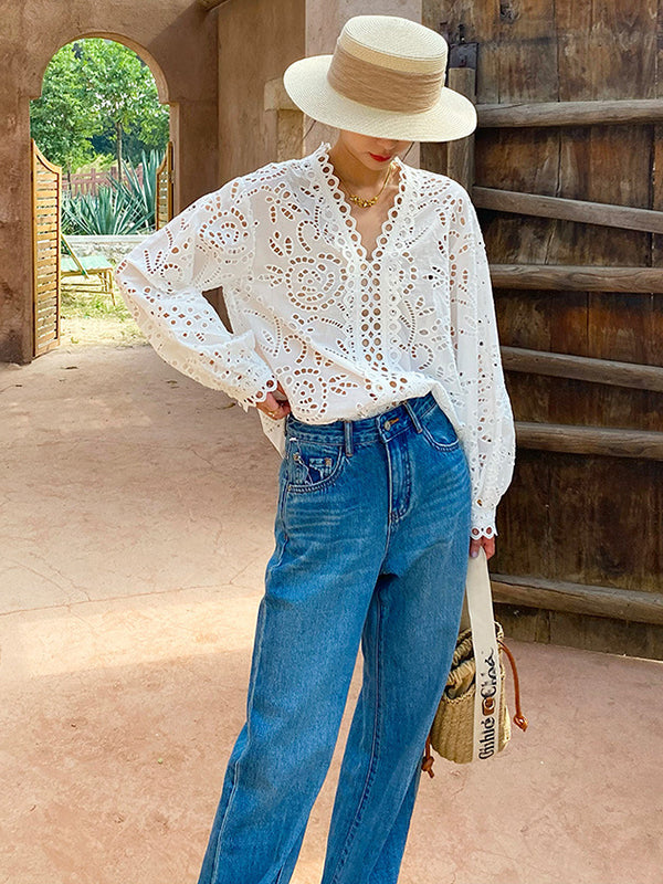 Hollow See-Through Solid Color Split-Joint Long Sleeves Loose V-Neck Blouses&Shirts Tops