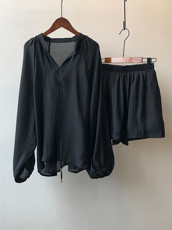 Split-Joint Solid Color  Sun Protection Tied V-neck Long Sleeves Top + Shorts Two Pieces Set