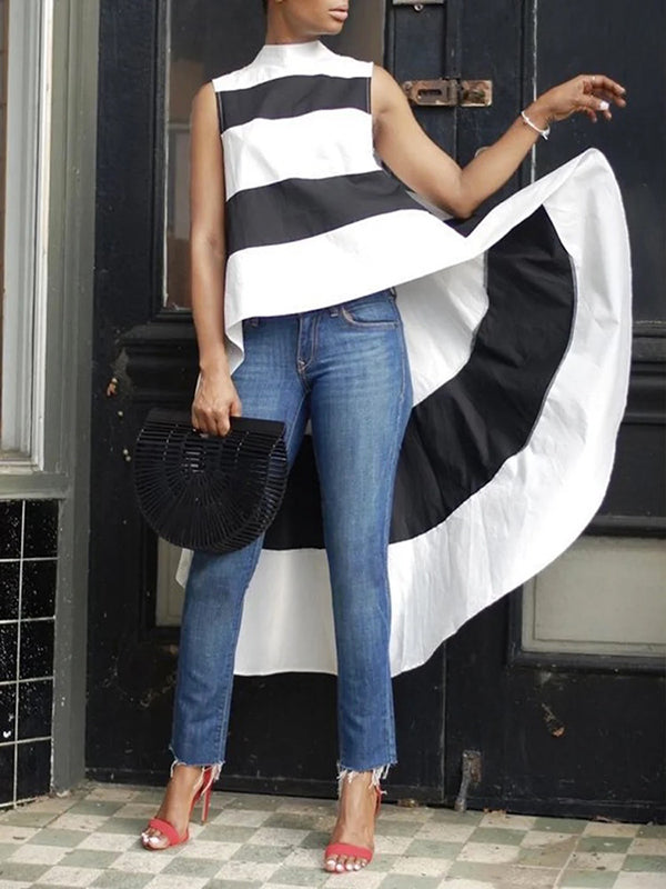 High-Low Loose Striped High-Neck Vest Top