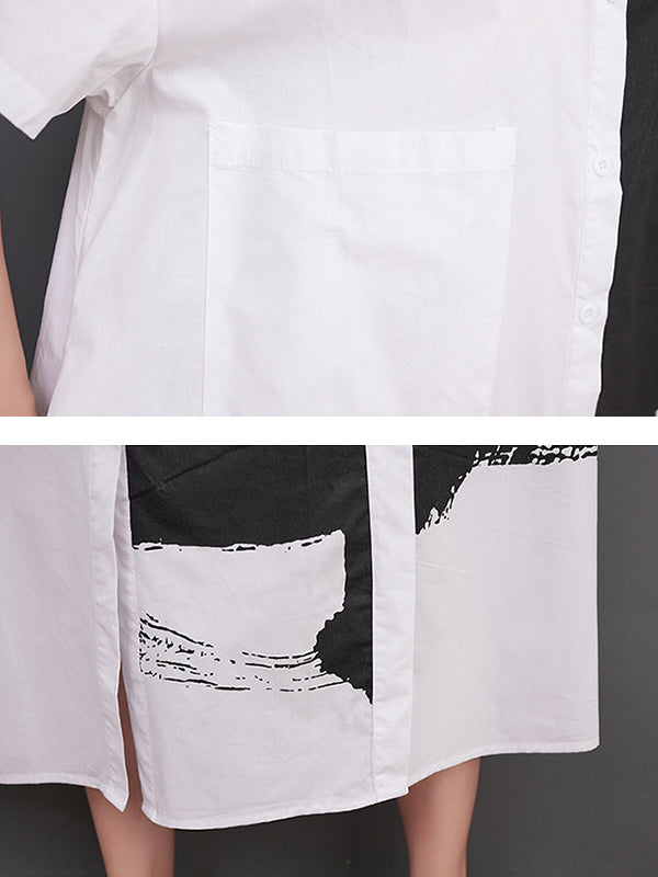 Original Loose Short Sleeves Buttoned Contrast Color Printed Midi Dresses