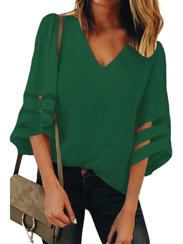 Solid Color Split-Joint Loose V-Neck T-Shirts Tops