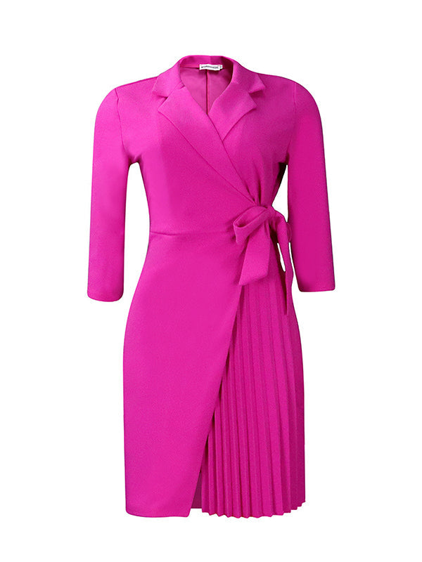 Pleated Solid Color Split-Front Tied Waist Three-Quarter Sleeves V-Neck Mini Dresses