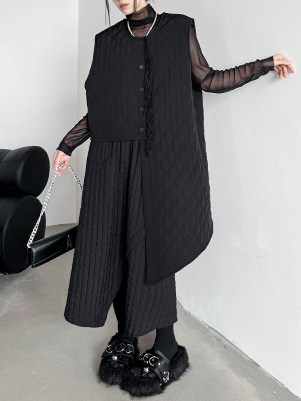 Asymmetric Buttoned Quilted Solid Color Tasseled Loose Sleeveless U-neck Padded Vest