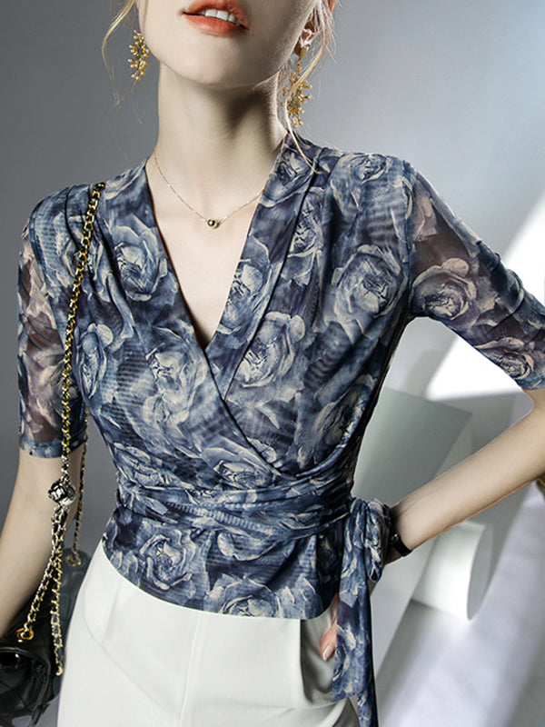 Flower Print Mesh Tied Half Sleeves Plus Size V-Neck Blouses&Shirts Tops