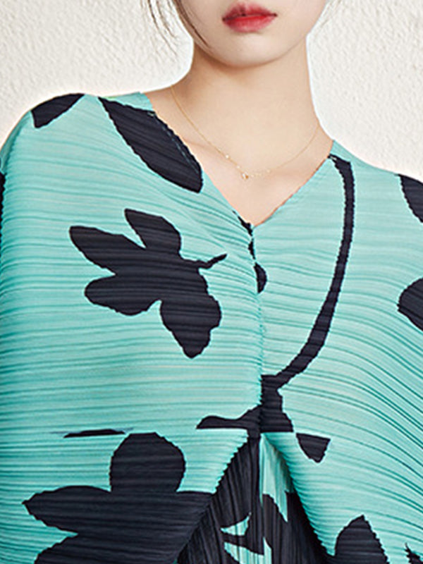 Pleated Printed Batwing Sleeves Loose V-Neck Midi Dresses