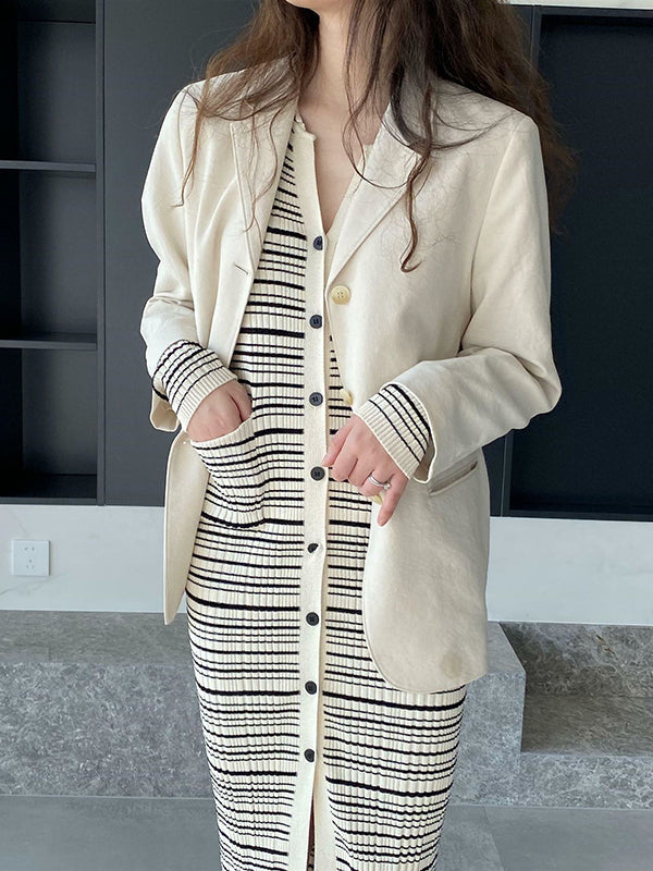 Long Sleeves Skinny Buttoned Pockets Striped Lapel Cardigan Coats Knitwear