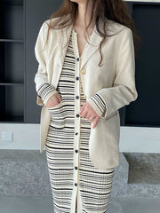 Long Sleeves Skinny Buttoned Pockets Striped Lapel Cardigan Coats Knitwear