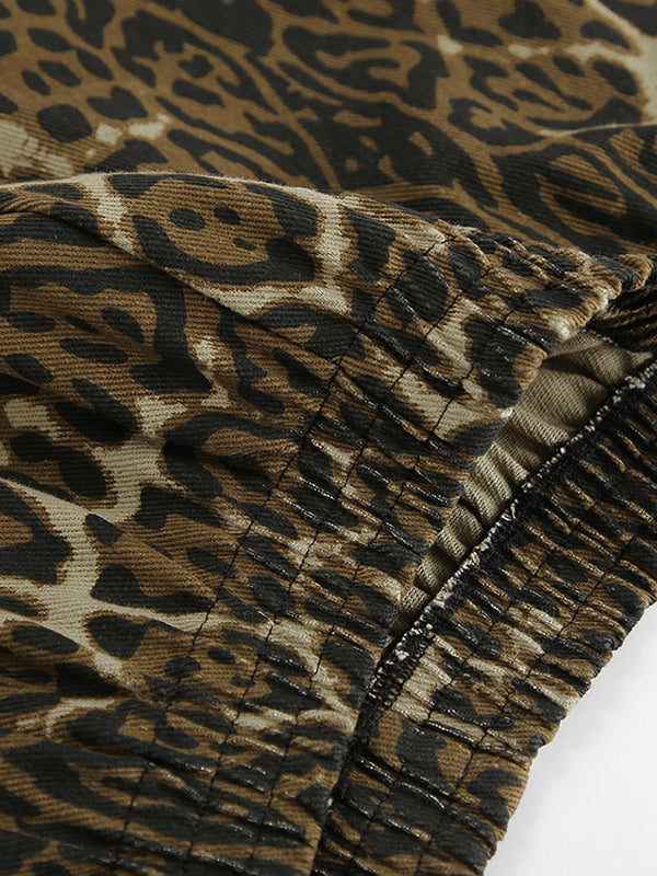 Elasticity Leopard Pockets Split-Joint Zipper High Waisted Loose Shorts Bottoms