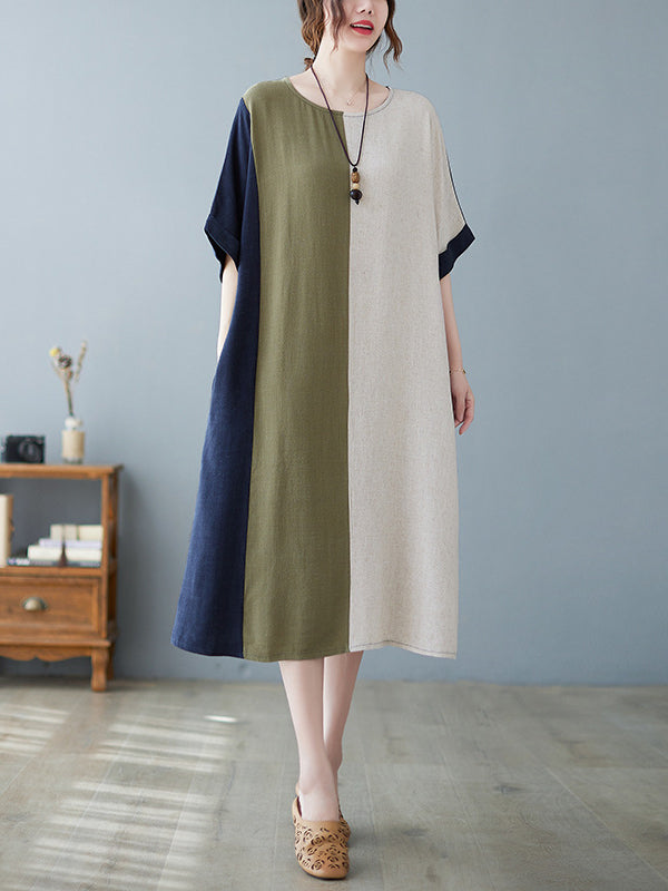 Contrast Color Half Sleeves Loose Round-neck Midi Dresses