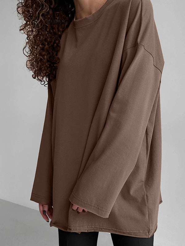 Solid Color Long Sleeves Loose Round-Neck T-Shirts Tops