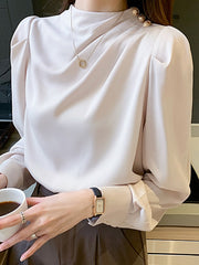 Pleated Split-Joint Loose Puff Sleeves High Neck Blouses&shirts Tops