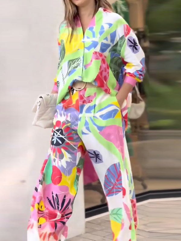 Contrast Color Printed Lapel Long Sleeves Buttoned Blouses Top+ High Waisted Pants Bottom Two Pieces Set