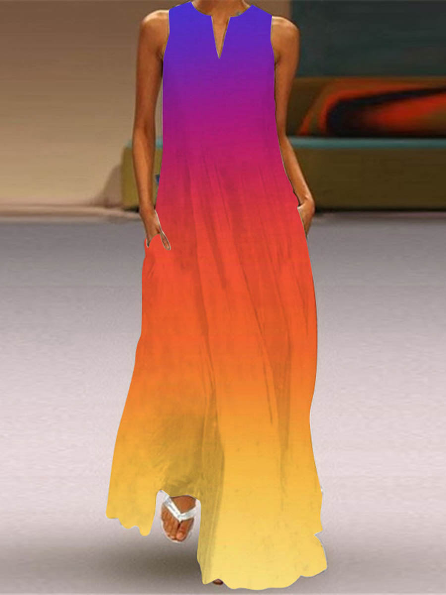 Contrast Color Pockets Printed Split-Joint A-Line Loose V-Neck Maxi Dresses