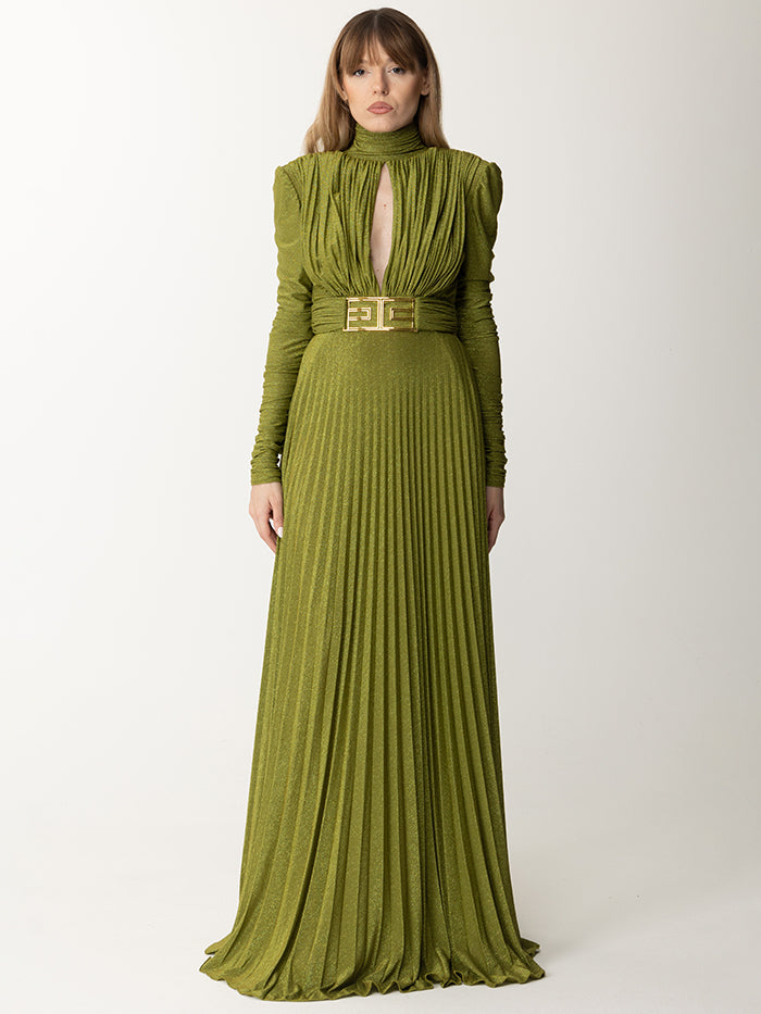 Long Sleeves Pleated Solid Color Split-Side V-Back High-Neck Evening Dresses Maxi Dresses