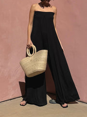 Elasticity Hollow Pleated Solid Color Sleeveless Wide Leg Tube Jumpsuits