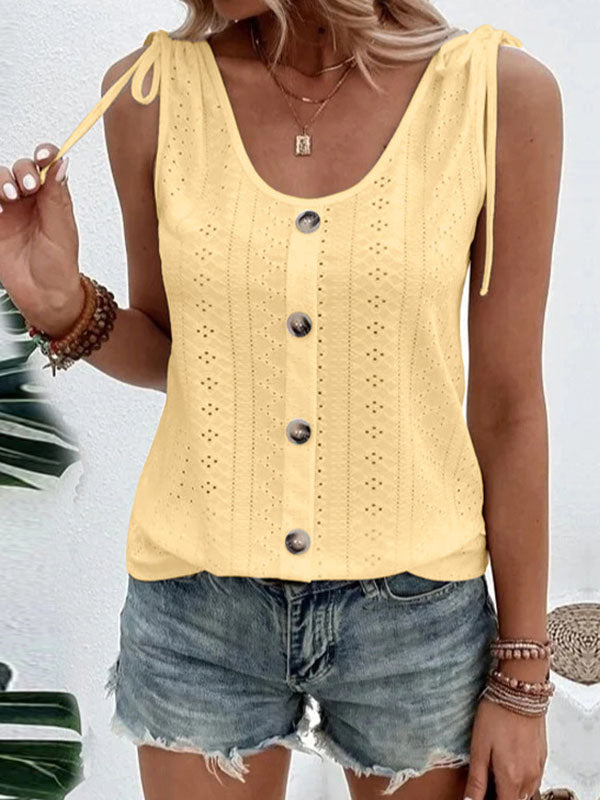 Buttoned Hollow Pleated Split-Joint Tied Loose Plus Size U-neck Vest Top