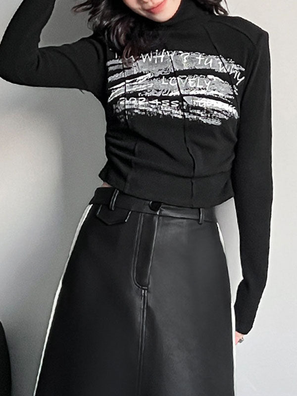 Letter Print Shoulder Pad Long Sleeves Skinny High Neck T-Shirts Tops