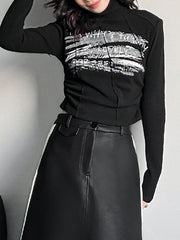 Letter Print Shoulder Pad Long Sleeves Skinny High Neck T-Shirts Tops