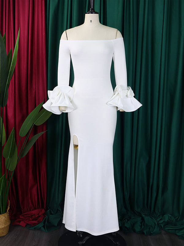 Falbala Solid Color Split-side Bodycon Flared Sleeves Off-the-shoulder Maxi Dresses