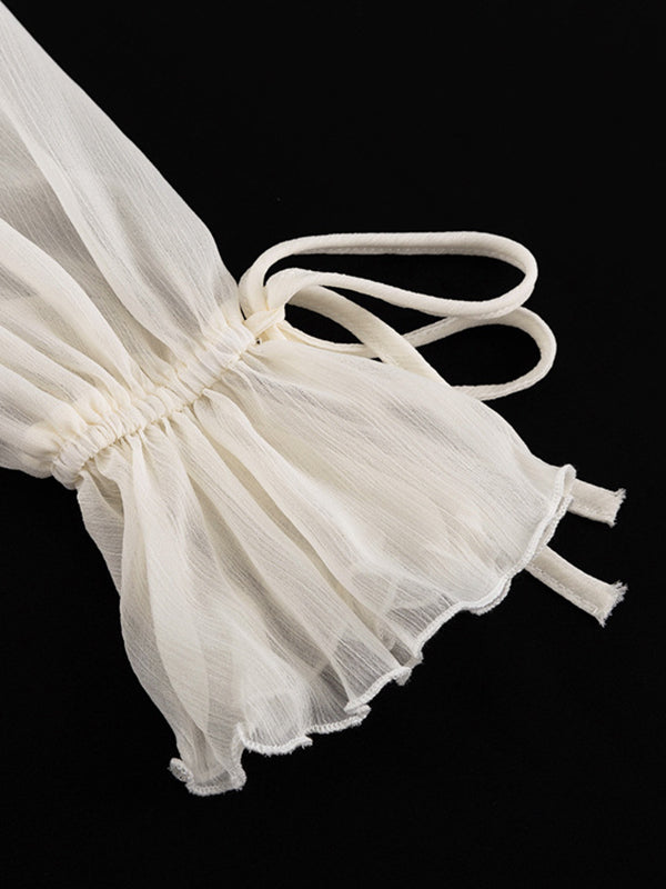 Ruffle Trim Solid Color Tied A-Line High Waisted V-Neck Mini Dresses