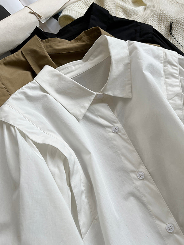 Solid Color Loose Puff Sleeves Lapel Blouses