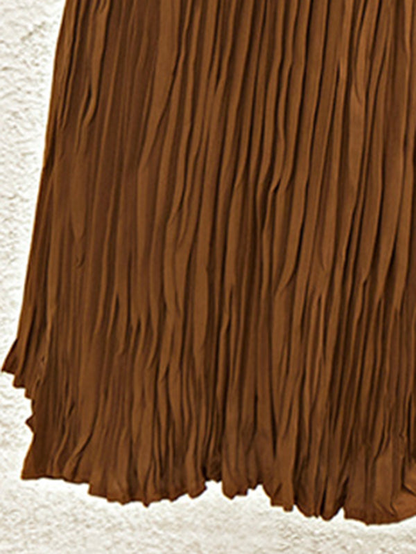 Pleated Solid Color Split-Joint Loose Sleeveless Round-Neck Midi Dresses