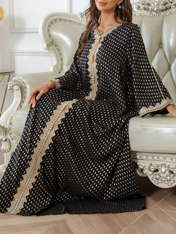 Muslim Polka-Dot Batwing Sleeves Long Sleeves V-Neck Maxi Dresses