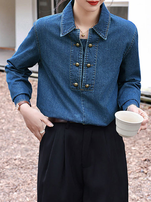 Buttoned Split-Joint Long Sleeves Loose Lapel Blouses&Shirts Tops