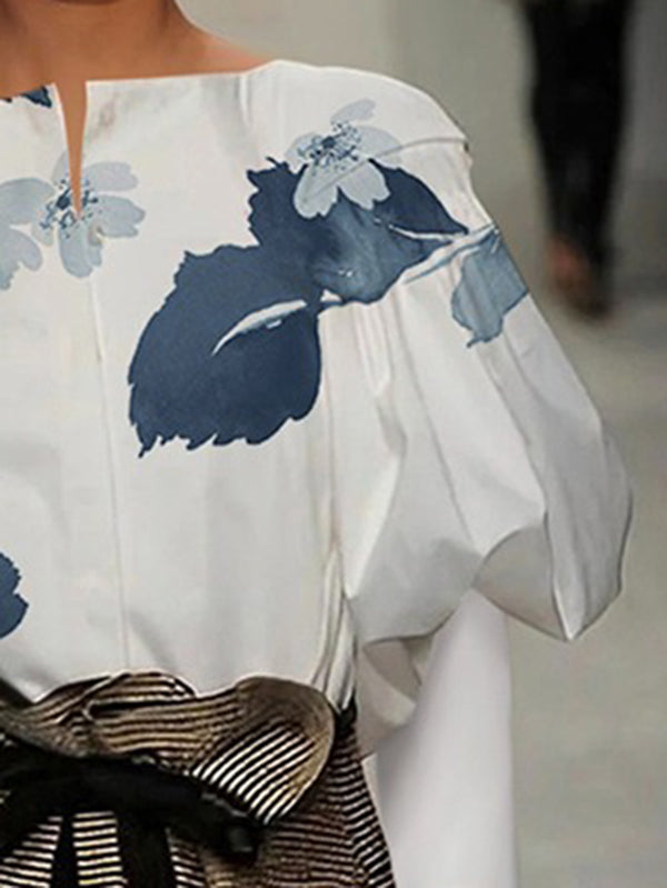 Loose Puff Sleeves Floral Printed Split-Joint Round-Neck Blouses