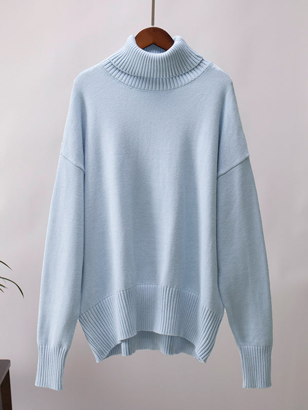 Solid Color Split-Joint High-Low Long Sleeves High Neck Sweater Tops