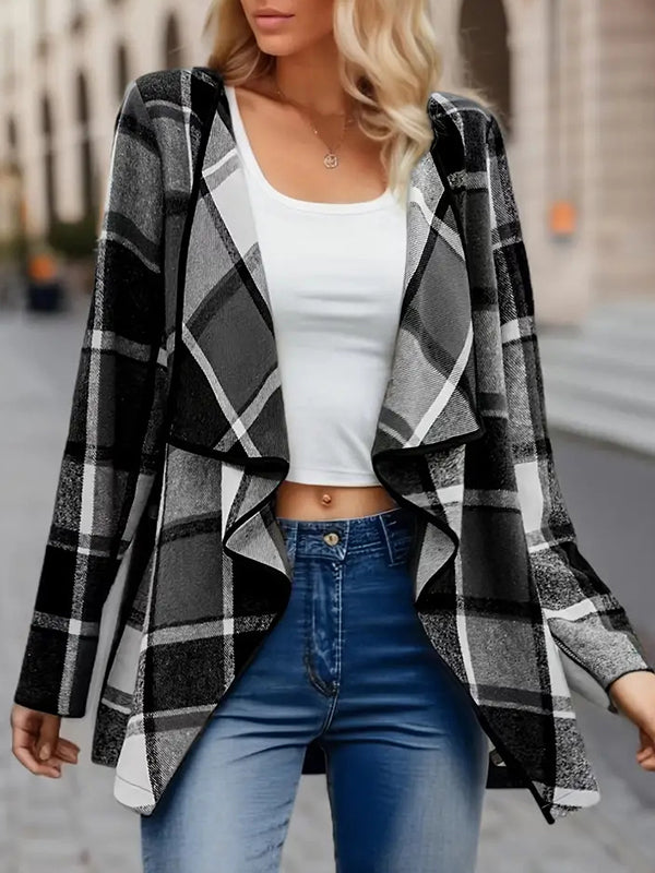 Contrast Color Plaid Split-Joint Long Sleeves Loose Collarless Outerwear