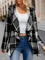 Contrast Color Plaid Split-Joint Long Sleeves Loose Collarless Outerwear