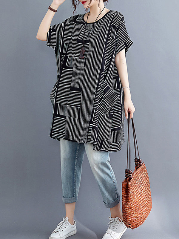 Plaid Striped Loose Short Sleeves Round-Neck T-Shirts Tops