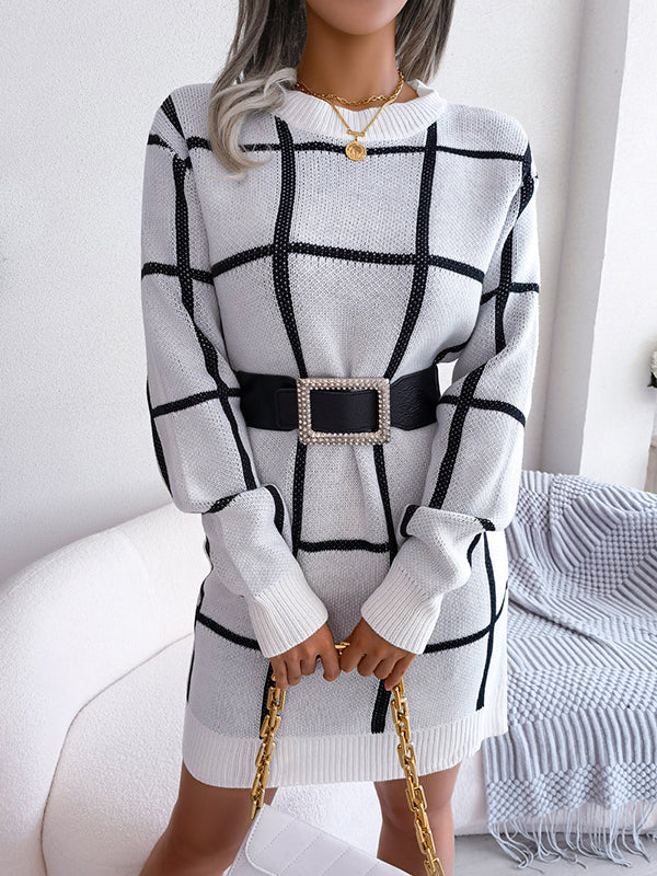 Belted Contrast Color Plaid Elasticated Waist Long Sleeves Round-Neck Sweater Dresses Mini Dresses