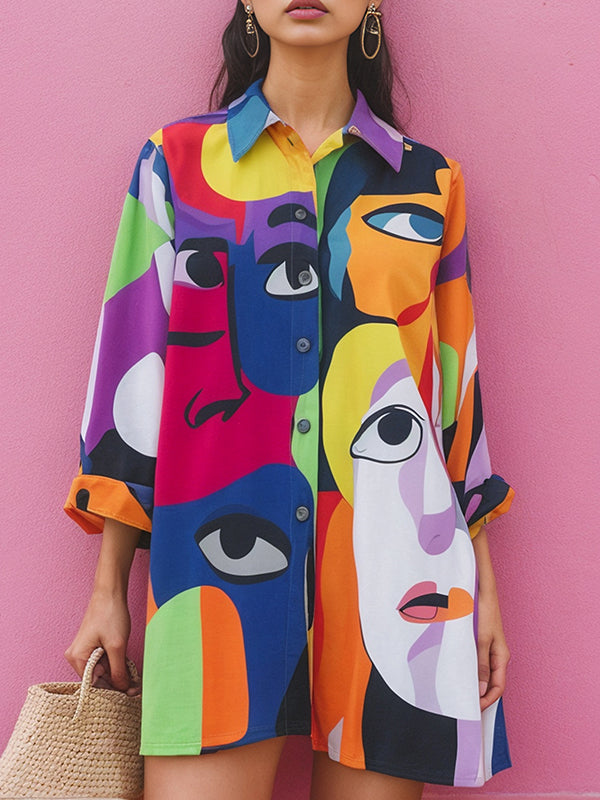 Abstract Printed Asymmetric Split-Joint Long Sleeves Loose Lapel Shirt Dress Mini Dresses