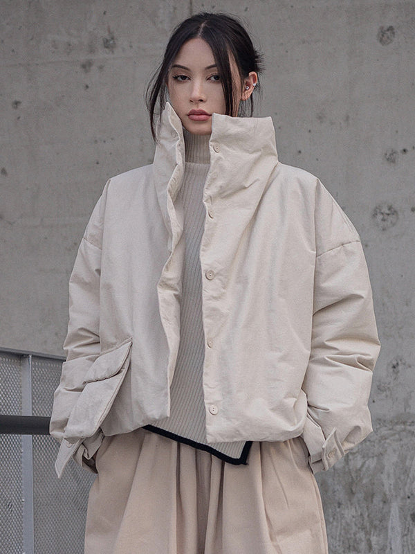 Urban Long Sleeves Buttoned Asymmetric Solid Color Stand Collar Padded Coat