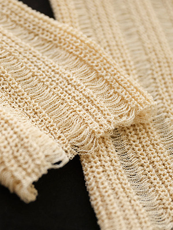 Hollow Solid Color Long Sleeves Loose V-Neck Pullovers