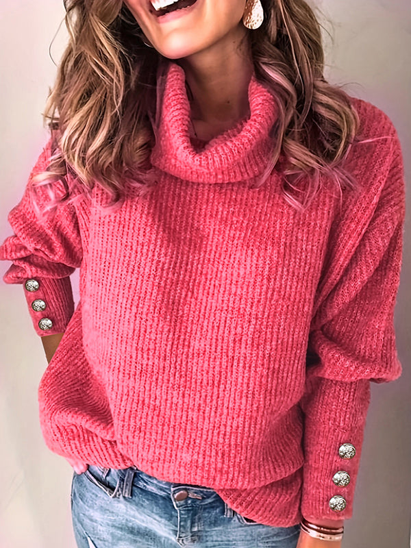 Buttoned Solid Color Split-Joint Long Sleeves Loose High Neck Sweater Tops Pullovers