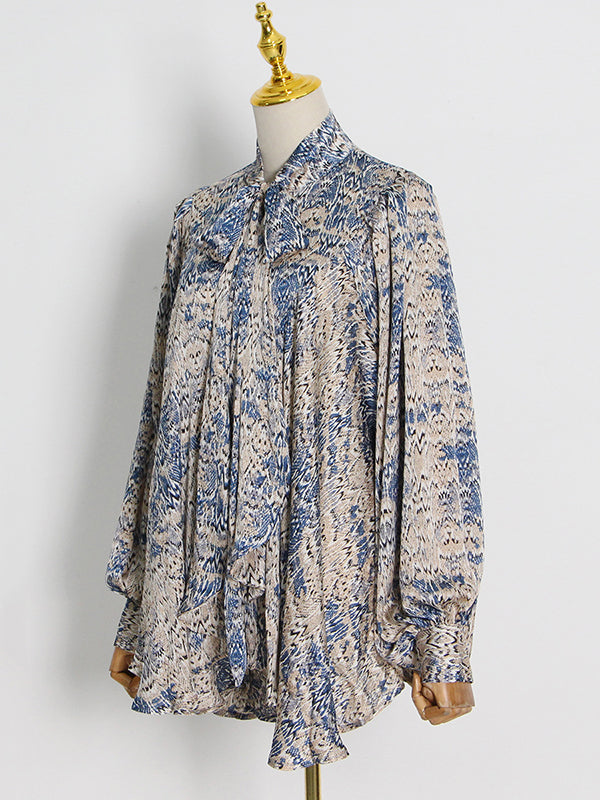 Loose Printed Puff Sleeves Pleated Stand Collar Blouses