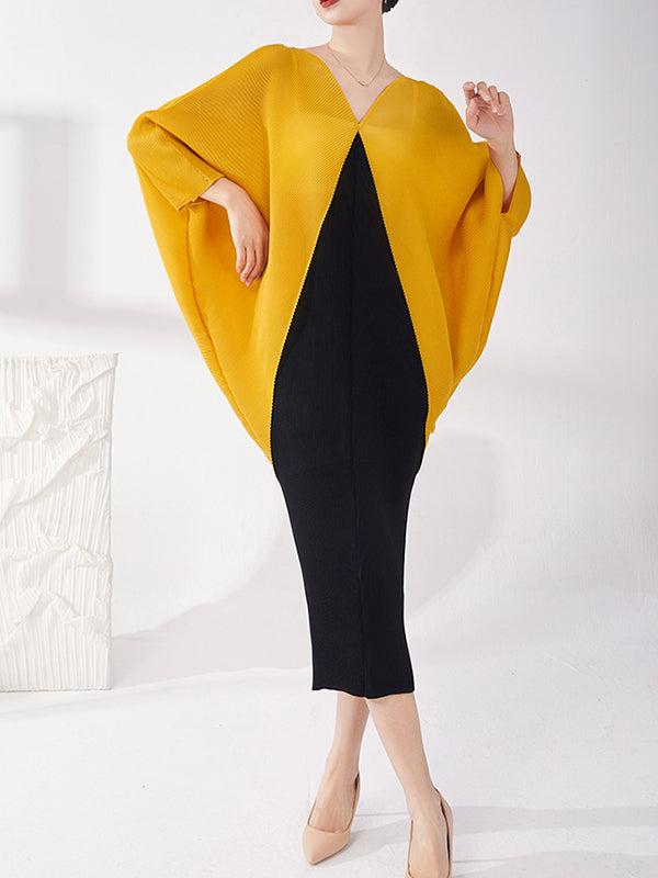 Contrast Color Pleated Batwing Sleeves Loose Round-neck Midi Dresses
