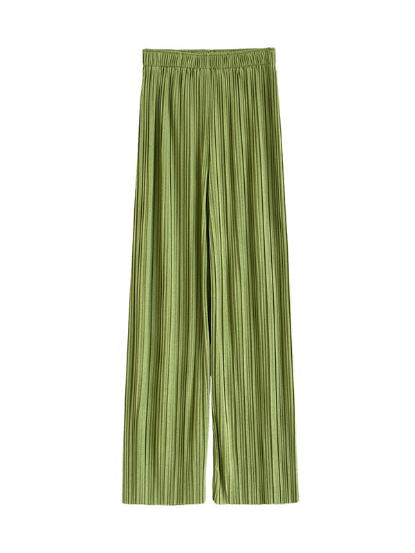 Pleated Solid Color Wide Leg Pants Bottoms