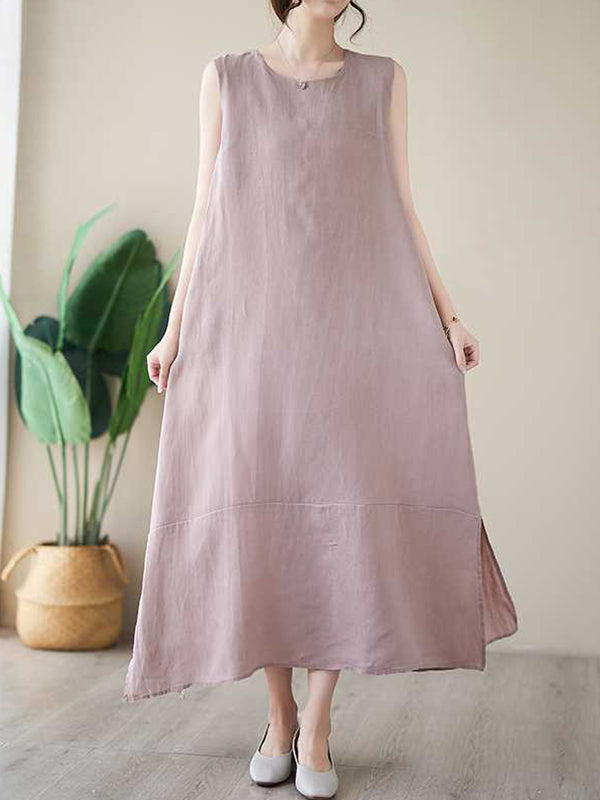 Solid Color A-Line Loose Round-Neck Midi Dresses