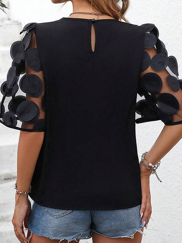 Hollow Mesh Polka-Dot Solid Color Split-Joint Half Sleeves Loose Round-Neck T-Shirts Tops