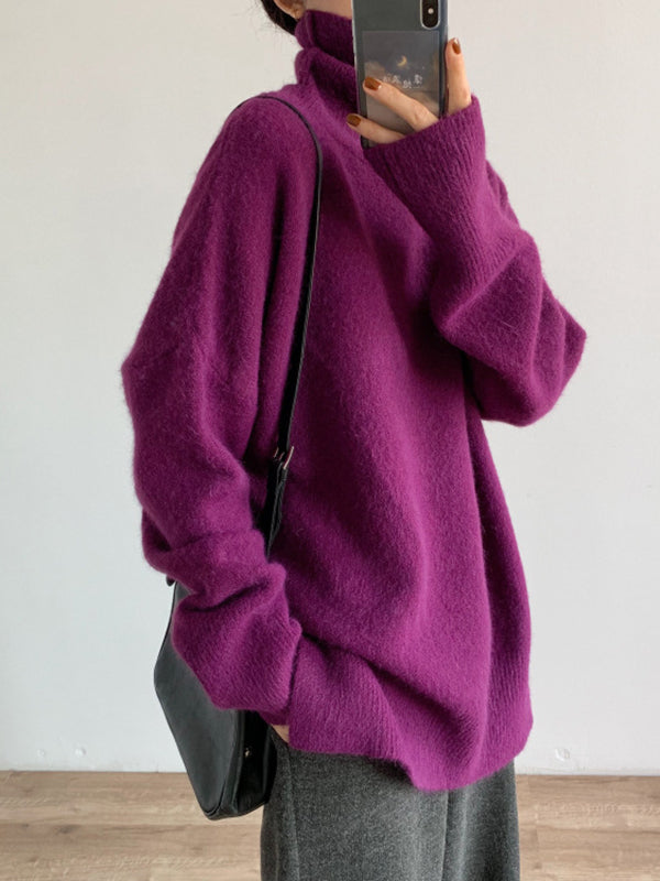 Solid Color Split-Joint Split-Side Long Sleeves Loose High Neck Sweater