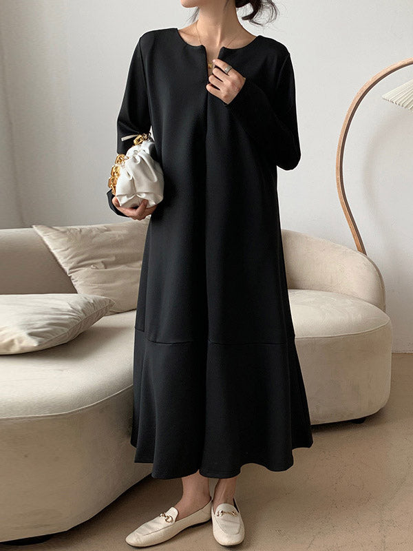 Hollow Solid Color A-Line Long Sleeves V-Neck Midi Dresses