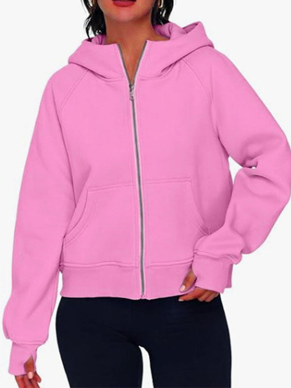 Pockets Solid Color Zipper Hooded Long Sleeves Outerwear Jackets