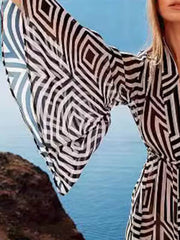 Lace-Up See-Through Split-Joint Flared Sleeves Loose Deep V-Neck Cover-Up